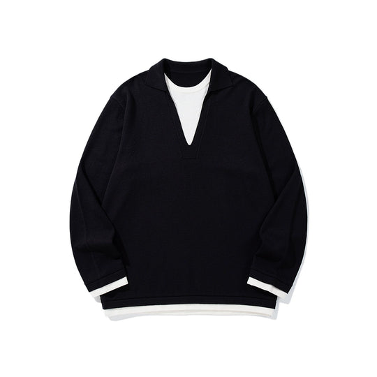 Unisex Lässiger Oversize Strickpullover mit tiefem V Einsatz und Hemd‑Layer Optik Shop Nory