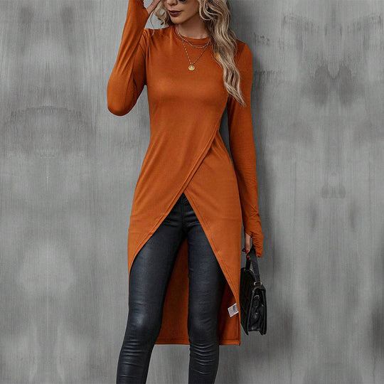 Damen asymmetrisches Longshirt mit überlappendem Frontschlitz und taillierter Silhouette Shop Nory