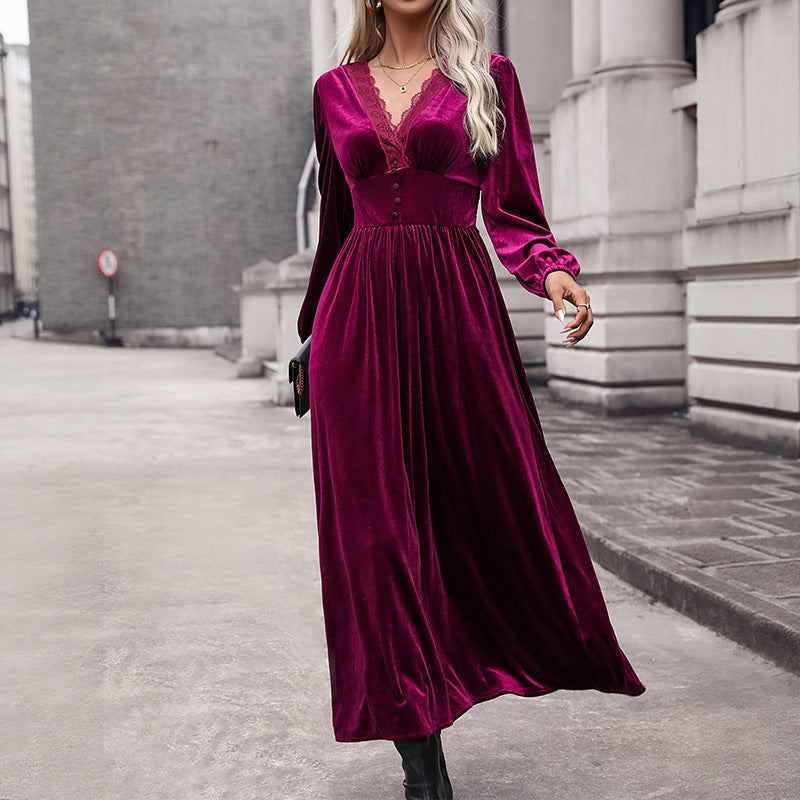Damen Samt-Maxikleid mit V-Ausschnitt und Empire-Taille Shop Nory