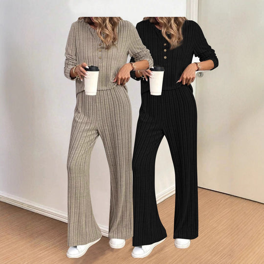 Damen Gerippter Komfort-Zweiteiler mit Henley-Oberteil und weiter Palazzo-Strickhose Shop Nory