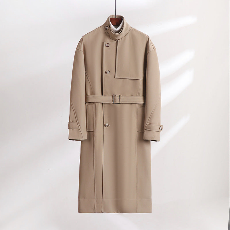Herren Langgeschnittener Minimalistischer Trenchcoat mit Schalkragen und verstellbaren Ärmelriemen Shop Nory