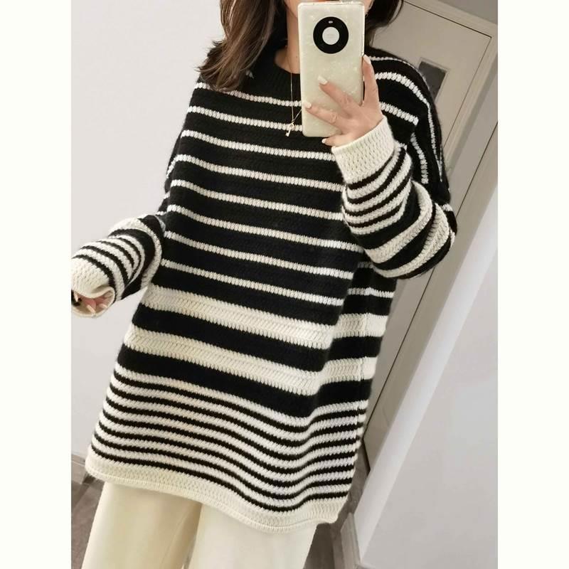 Damen Oversize-Longpullover aus grobem Streifenstrick mit Rundhalsausschnitt Shop Nory