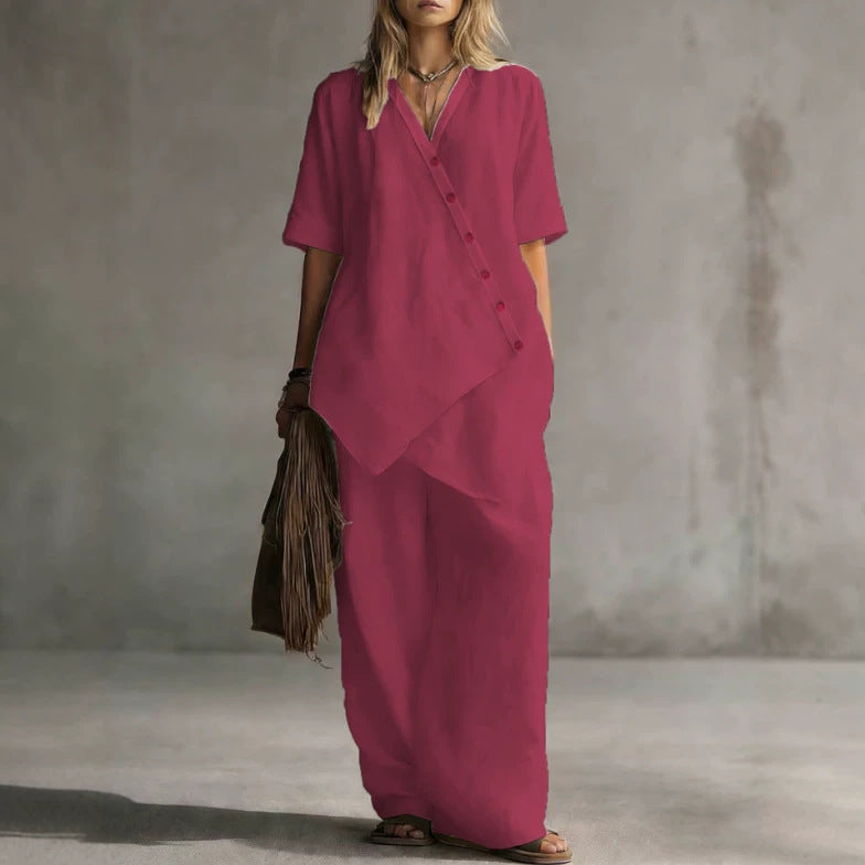 Damen Leinen-Zweiteiler mit asymmetrischer Knopfleiste und weiter Palazzo-Hose Shop Nory