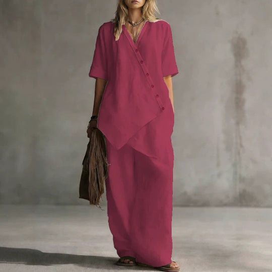Damen Leinen-Zweiteiler mit asymmetrischer Knopfleiste und weiter Palazzo-Hose Shop Nory