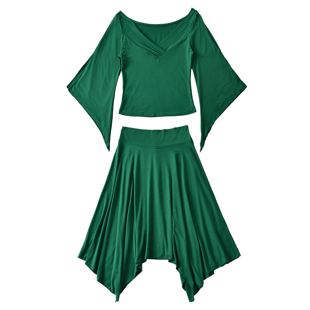 Damen Zweiteiliges Set aus drapiertem Top mit Fledermausärmeln und asymmetrischem Tellerrock Shop Nory