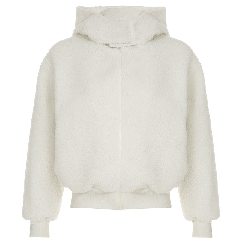 Damen nan gefütterte Teddy-Fleece-Hoodie-Jacke mit Kapuze, kurzem Schnitt und elastischem Rippenbund Shop Nory