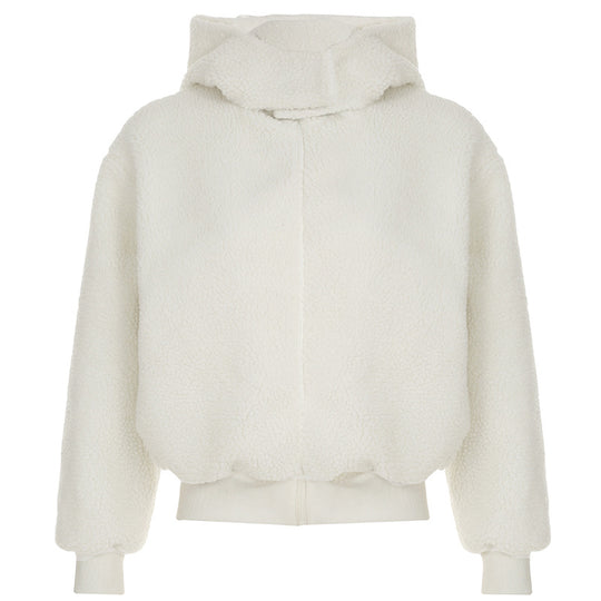 Damen nan gefütterte Teddy-Fleece-Hoodie-Jacke mit Kapuze, kurzem Schnitt und elastischem Rippenbund Shop Nory