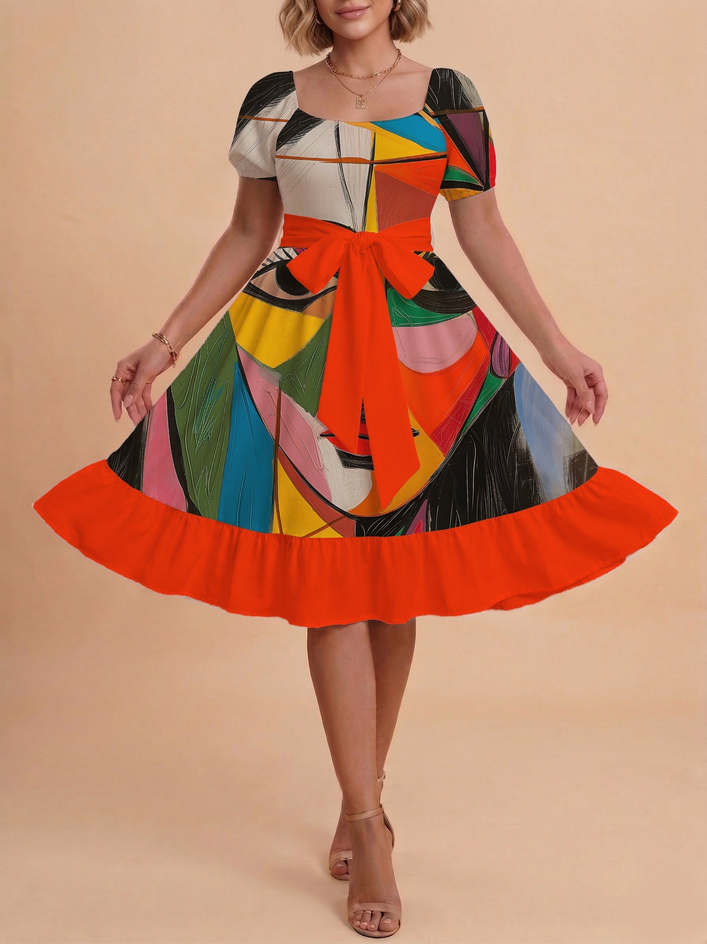Damen Sommerliches Blumenkleid mit taillierbarem Gürtel und voluminösen Ärmeln