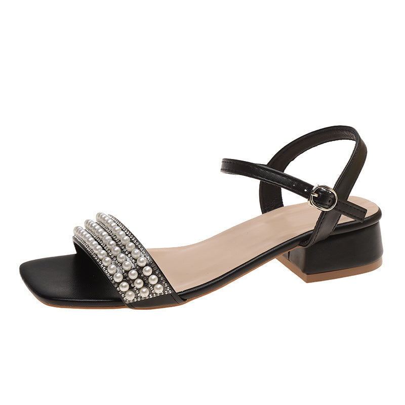 Damen elegante Sandalen mit Perlenverzierung und niedrigem Blockabsatz