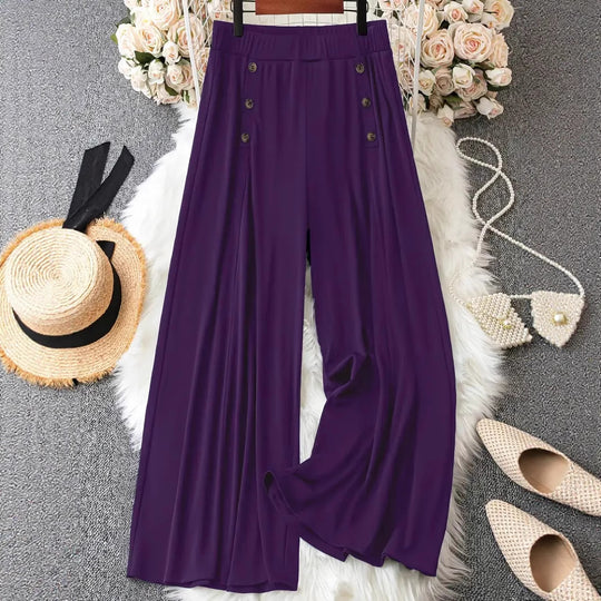 Frauen Weite Bein Hohe Taille Knopf-Akzent Palazzo Hose Shop Nory
