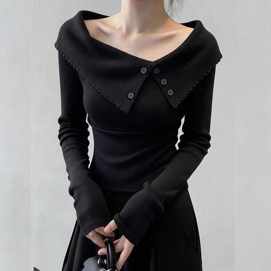 Damen Eleganter Pullover mit weitem Kragen und Knopfdetails Shop Nory