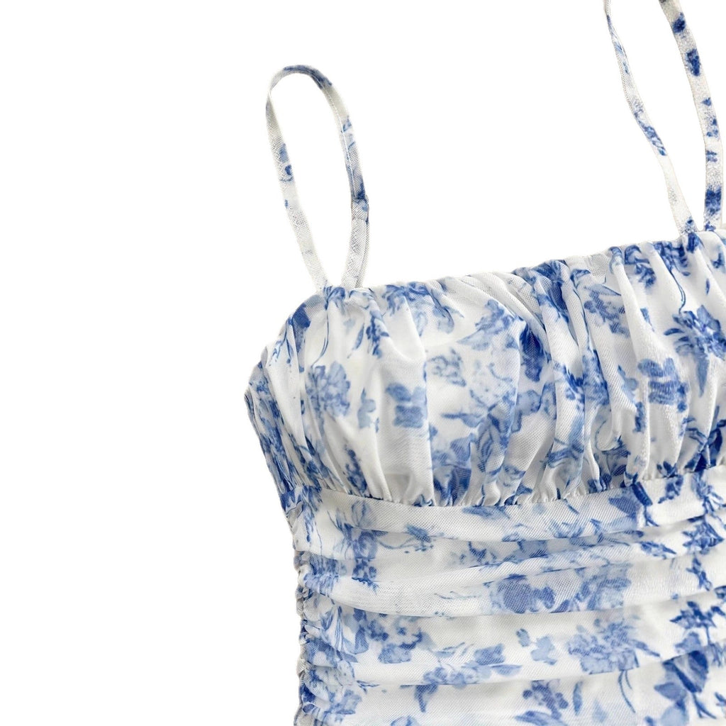 Damen Sommerliches Blumenkleid mit Spaghetti-Trägern und Raffungen