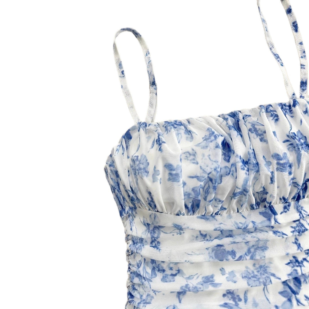 Damen Sommerliches Blumenkleid mit Spaghetti-Trägern und Raffungen