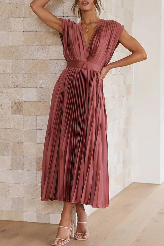 Damen Plissiertes Midikleid mit tiefem V-Ausschnitt und Taillengürtel Shop Nory