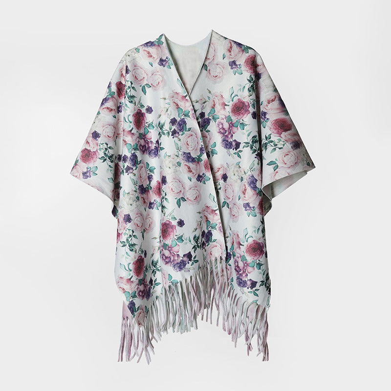 Damen Blumen‑Kimono‑Überwurf mit seidenähnlichem Fall und Fransensaum Shop Nory