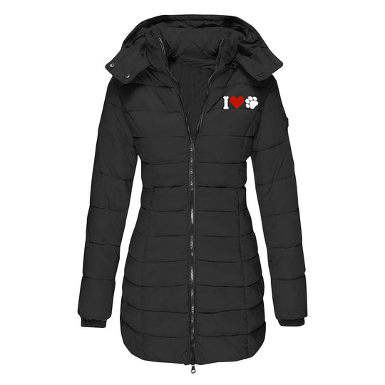 Damen nan gesteppte Steppjacke mit Kapuze, taillierter Silhouette und Herz-Pfoten-Print Shop Nory