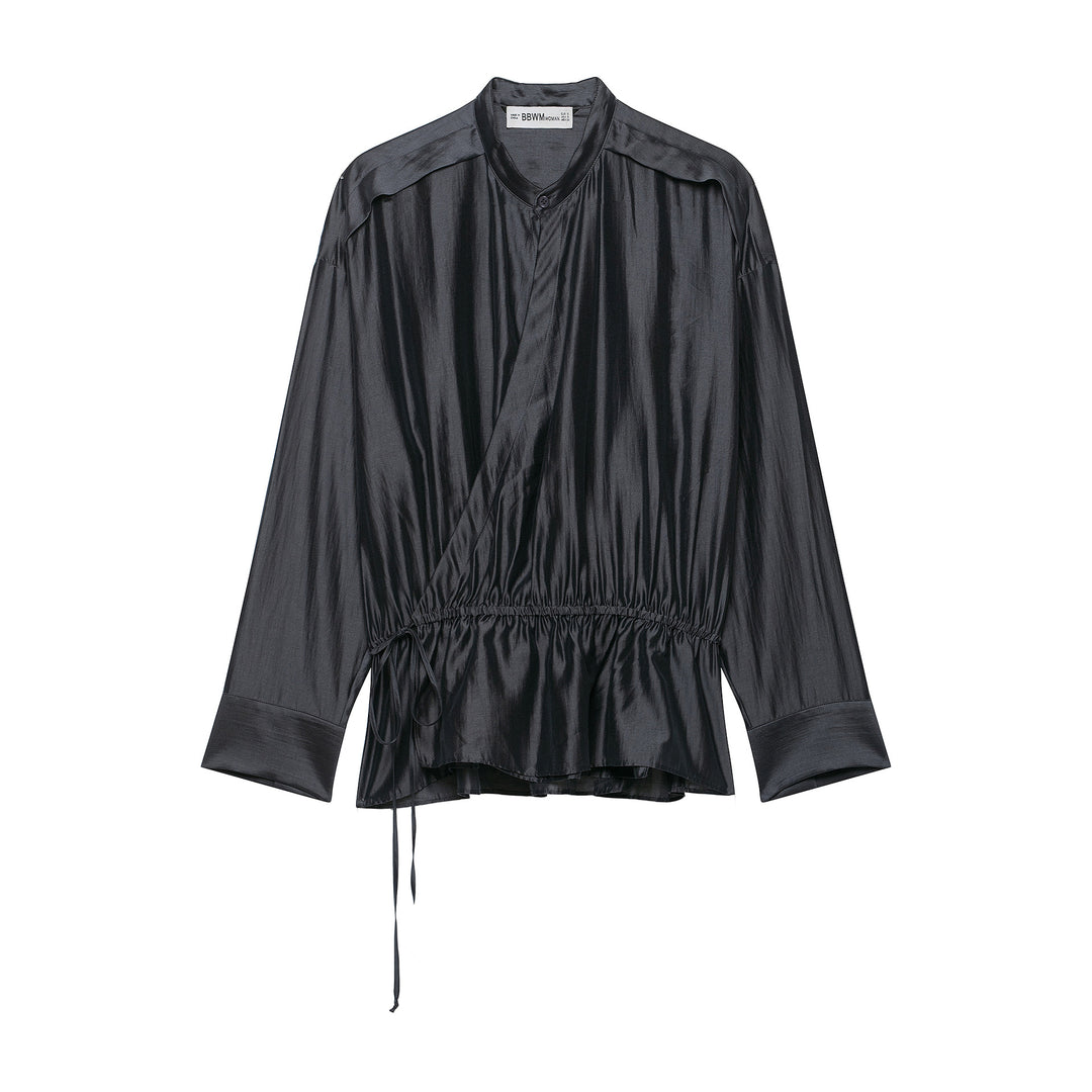 Damen Satinbluse mit Stehkragen, Wickeloptik und Kordelzug Shop Nory