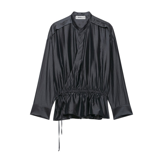 Damen Satinbluse mit Stehkragen, Wickeloptik und Kordelzug Shop Nory