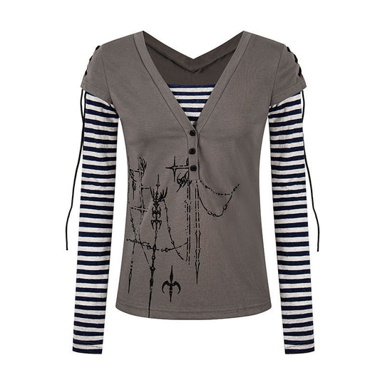 Damen Lagen-Langarmshirt mit V-Ausschnitt, Streifen-Innenlayer und Schnürdetail Shop Nory