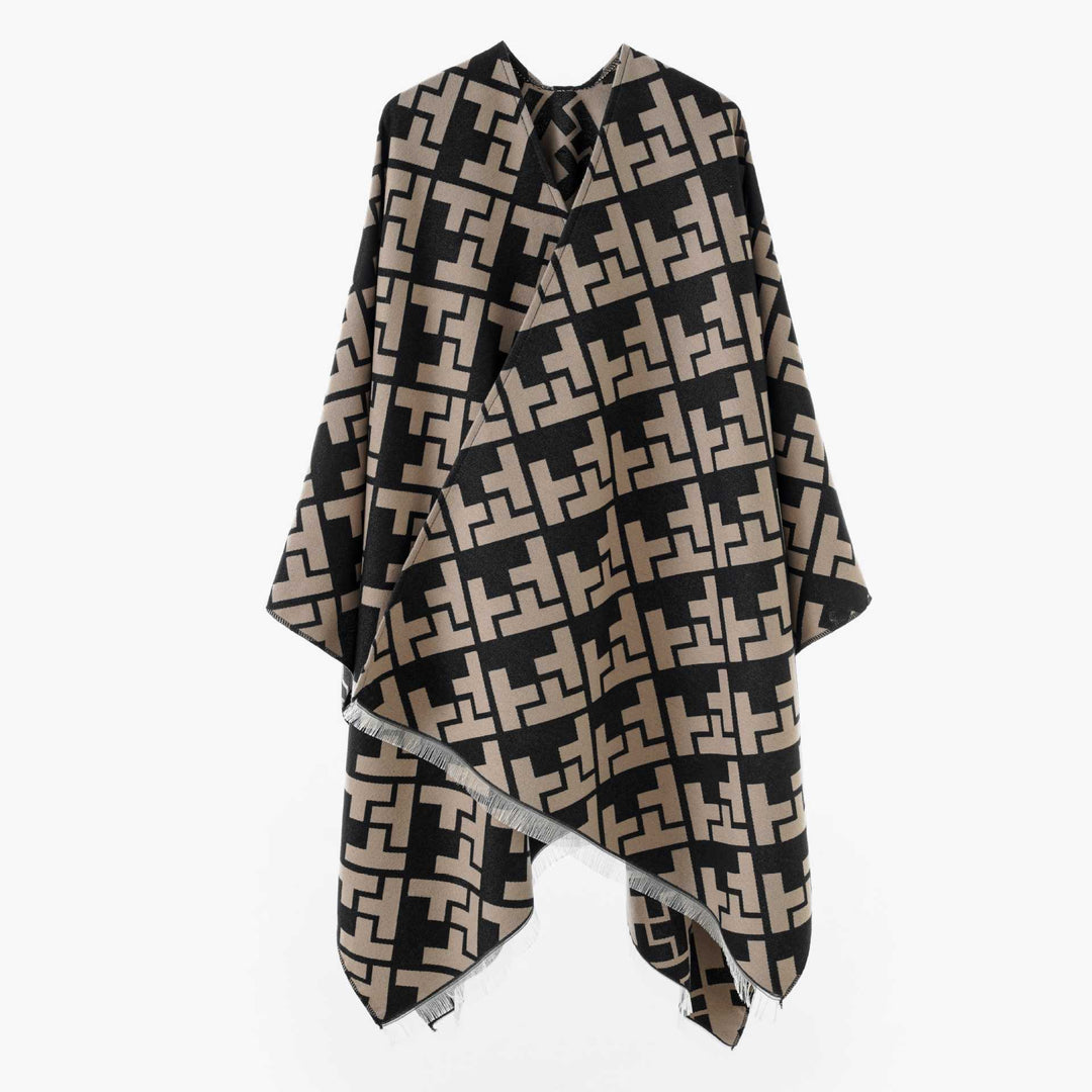 Damen Oversize-Cape mit geometrischem Jacquard und Fransensaum Shop Nory