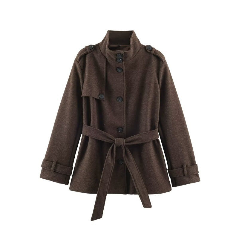 Damen Kurzer taillierter Mantel mit Stehkragen, Schulterriegeln und Bindegürtel Shop Nory
