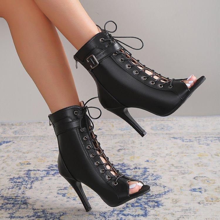 Damen Schnürstiefeletten mit offener Zehenpartie und hohem Absatz