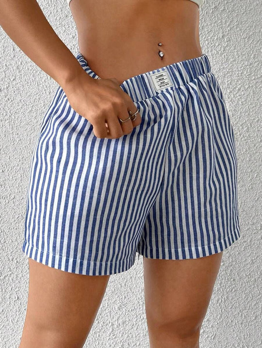 Damen gestreifte Shorts aus leichter Baumwolle mit elastischem Bund