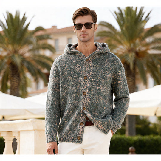 Damen Flauschige Kapuzen-Strickjacke mit Knopfleiste und melierter Bouclé-Optik Shop Nory