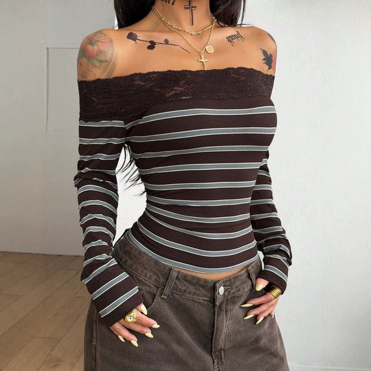 Damen Figurbetontes schulterfreies Rippstrick-Top mit Spitzenbesatz Shop Nory