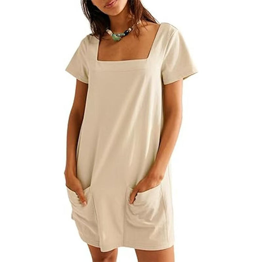 Damen Lockeres Sommerkleid mit Quadrat-Ausschnitt und praktischen Taschen