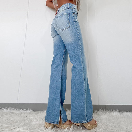Damen hochtaillierte Schlaghose aus Denim mit Frontschlitz und weitem Bein Shop Nory