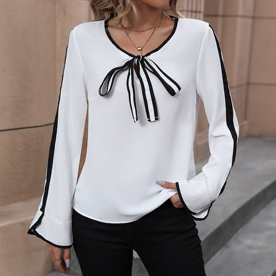 Damen Elegante Chiffon-Bluse mit Kontrastpaspel, SchleifenbindShop Noryand und Trompetenärmeln Shop Nory