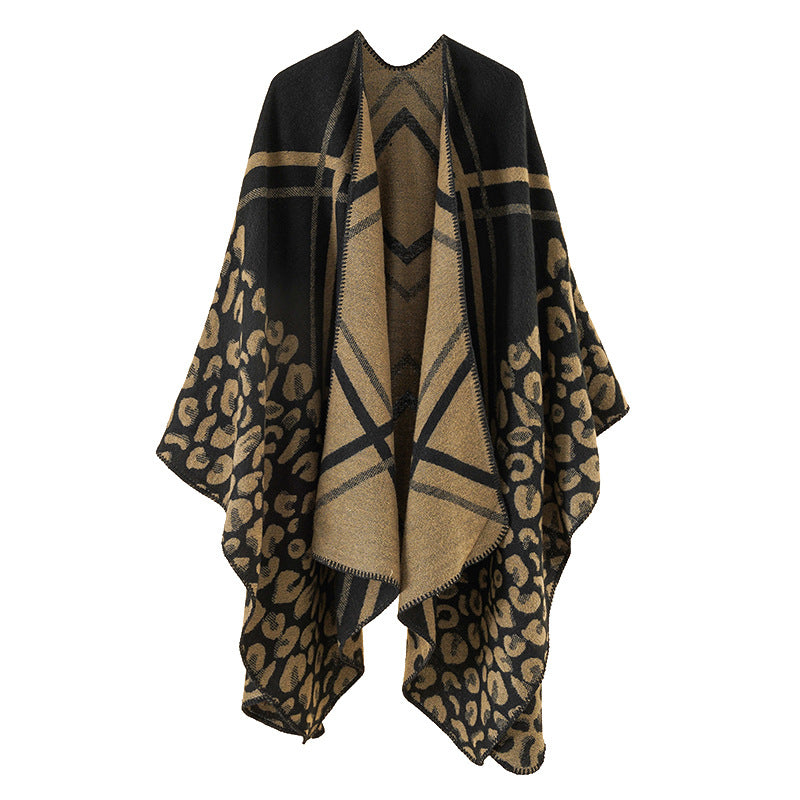 Damen Oversize-Ruana-Poncho mit Jacquardmix, Leoparden- und Karomuster Shop Nory