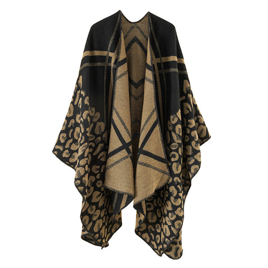 Damen Oversize-Ruana-Poncho mit Jacquardmix, Leoparden- und Karomuster Shop Nory
