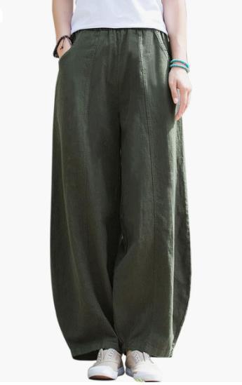 Damen weite Leinenhose mit elastischem Bund und praktischen Taschen