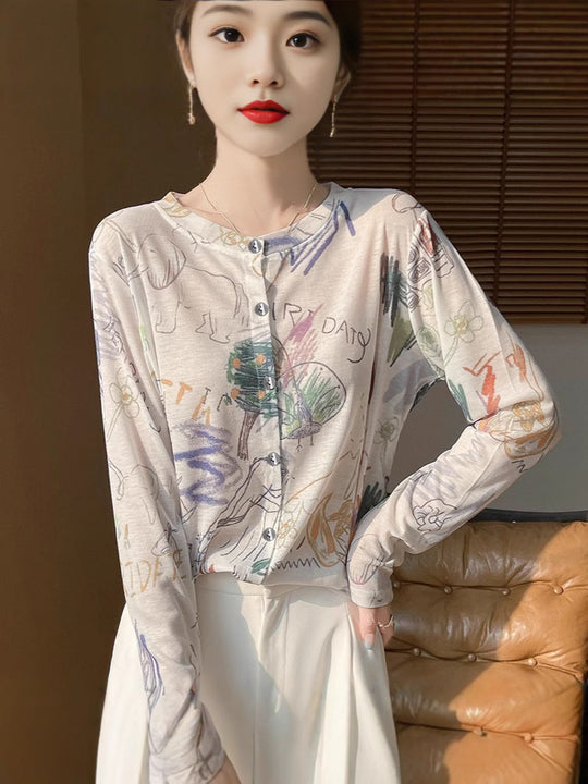 Damen Leichter Aquarell‑Print Feinstrick‑Cardigan mit Rundhalsausschnitt und Knopfleiste Shop Nory