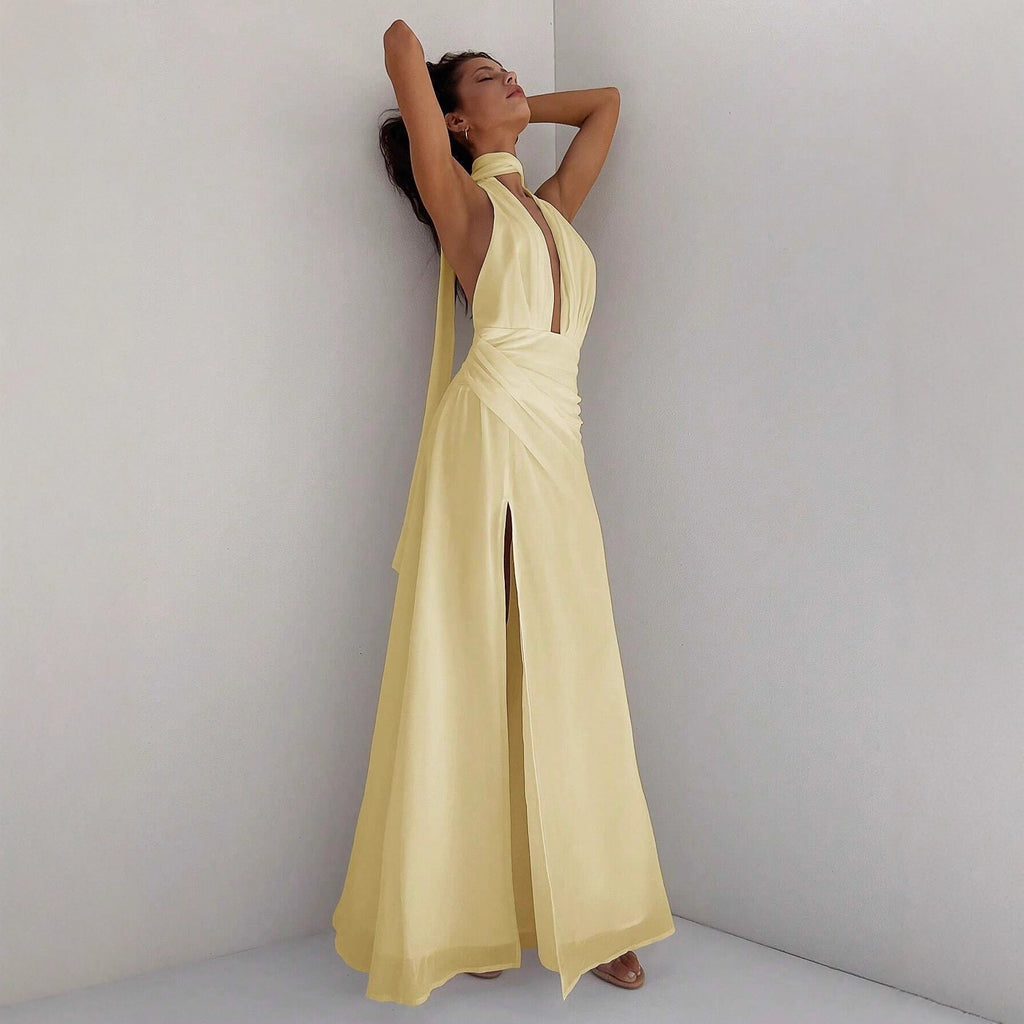 Damen Maxi-Kleid mit tiefem V-Ausschnitt und Wickeldesign Shopnory