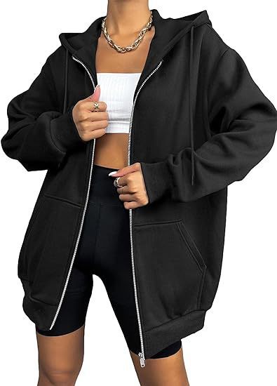 Damen nan oversized Zip-Kapuzenjacke mit kontrastierendem Reißverschluss, doppellagiger Kapuze und Kängurutasche Shop Nory
