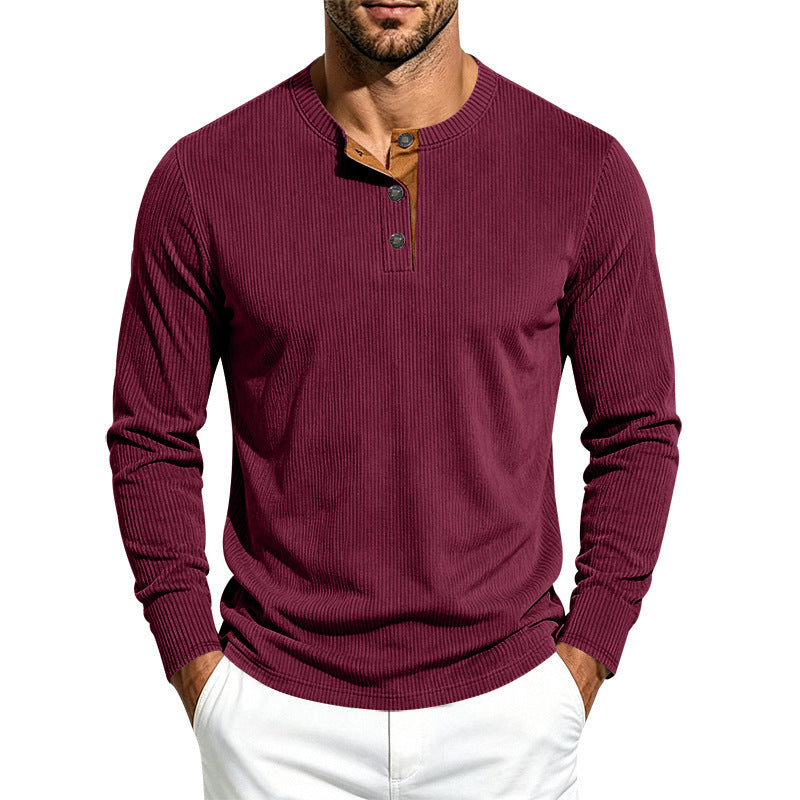 Herren Geripptes Henley-Langarmshirt aus Feinstrick mit Stehkragen und Knopfleiste Shop Nory