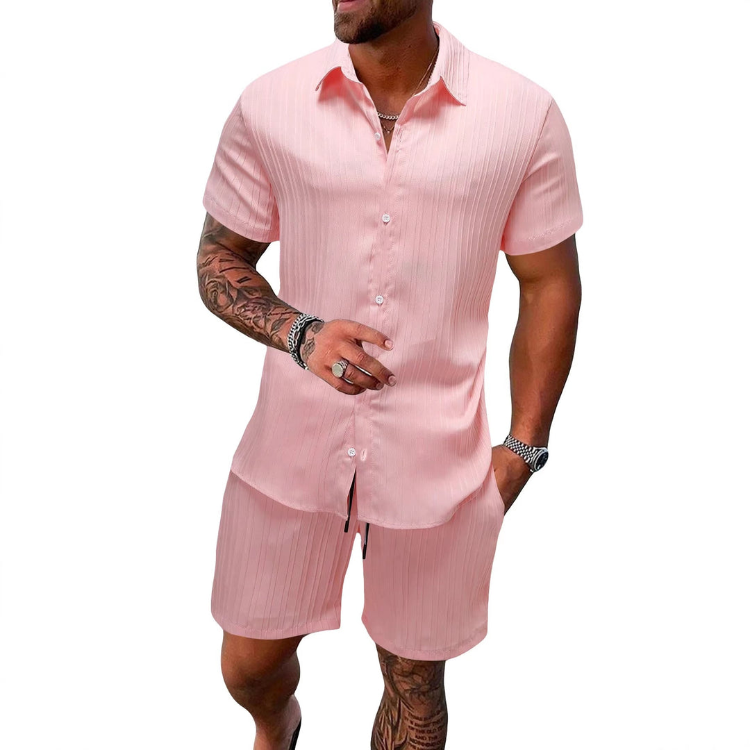 Herren nan luftiges Kurzarm-Hemd mit offenem Revers und passender Freizeishorts aus strukturierter Baumwollmischung Shopnory