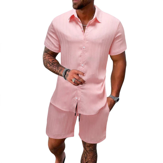 Herren nan luftiges Kurzarm-Hemd mit offenem Revers und passender Freizeishorts aus strukturierter Baumwollmischung Shopnory
