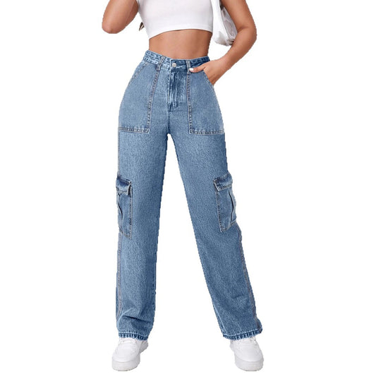 Damen Hochtaillierte Cargo-Weite-Jeans mit aufgesetzten Taschen und elastischem Saum Shop Nory