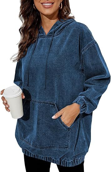 Damen Oversize Kapuzenpullover aus verwaschenem Jeansstoff mit Kängurutasche Shop Nory