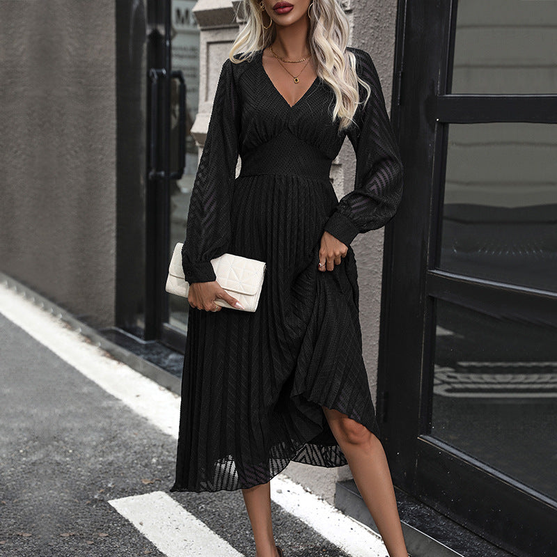 Damen Plissiertes Midikleid mit V-Ausschnitt, tailliertem Bund und transparenten Ballonärmeln Shop Nory