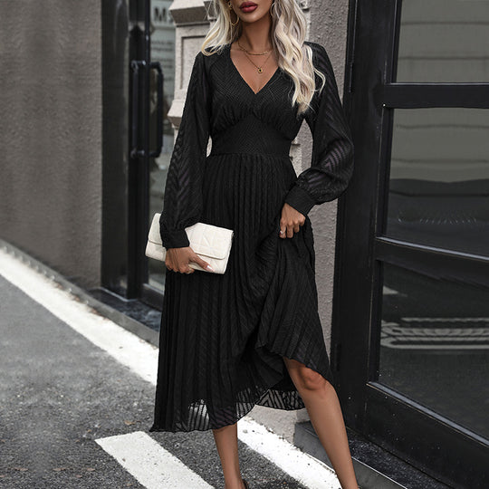 Damen Plissiertes Midikleid mit V-Ausschnitt, tailliertem Bund und transparenten Ballonärmeln Shop Nory