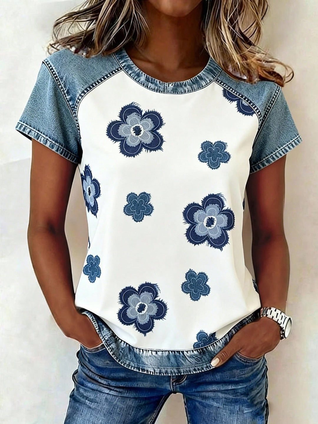 Damen Kurzarmshirt mit Jeans-Einsätzen und Teddy-Patchprint Shop Nory