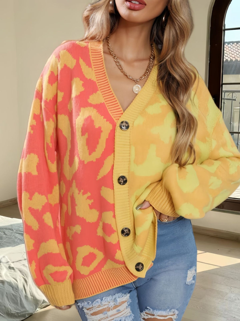 Damen Leichte Strickjacke mit farbenfrohem Leopardenmuster