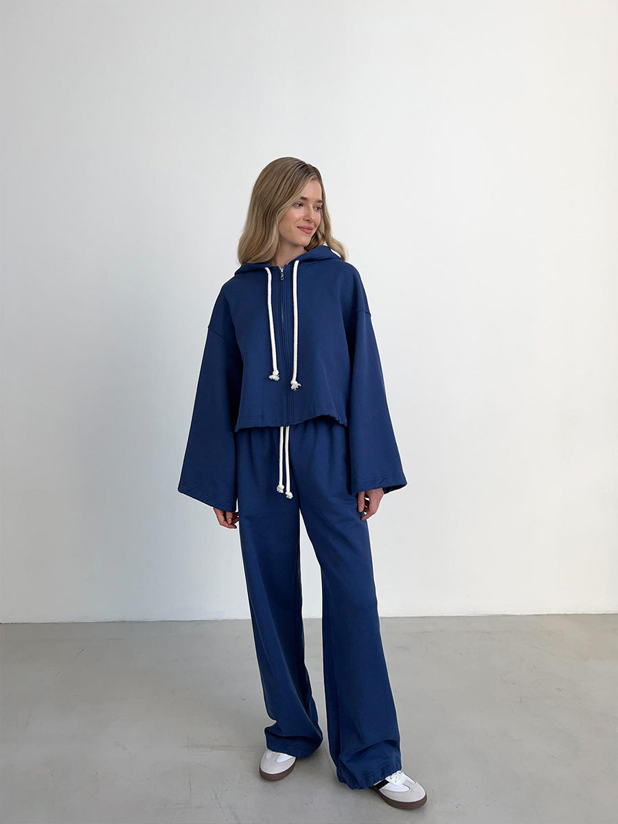 Damen kurzes Zip-Hoodie-Set mit taillenhoher Wide-Leg Jogginghose aus French-Terry Shop Nory