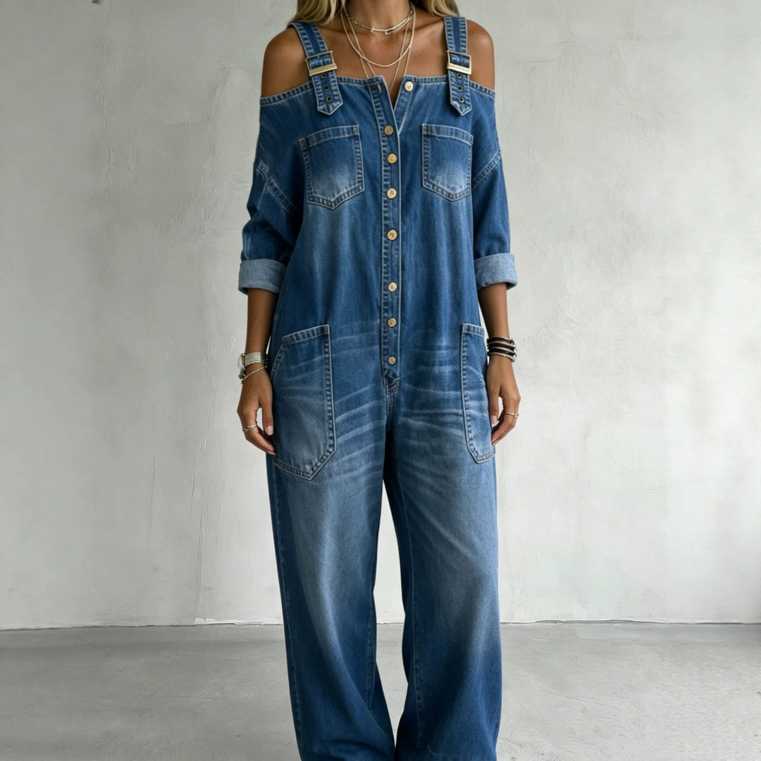 Damen Modischer Denim-Overall mit Off-Shoulder Design