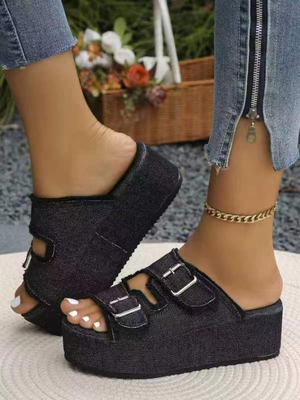 Damen bequeme Plattformsandalen aus Denim mit doppeltem Riemen